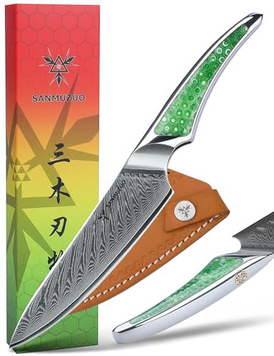 SANMUZUO Couteau utilitaire 13 CM, couteau de cuisine japonais en acier Damas VG-10, couteau à fruits ultra tranchant avec manche pleine soie en résine verte, série LA-S9