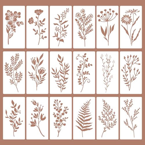 18Pcs Flower Stencils for Painting - Reusable Floral and Leaves Templates for Crafts, Scrapbooking, Card Making, Wall Decor, and DIY Projects, Easy to Use and Clean, 3 x 6 Inches