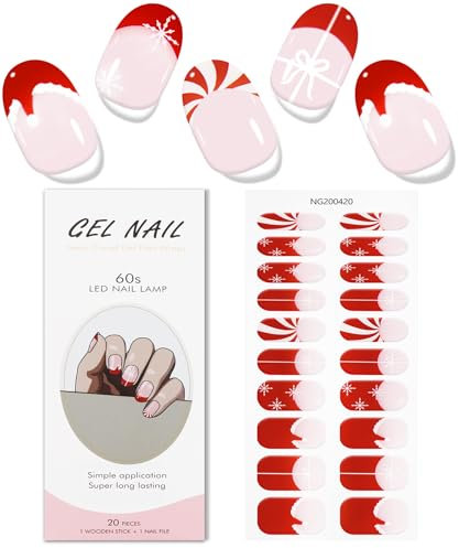 JMEOWIO Pointe française de Stickers Ongles Noel Gel Nail Stickers Semi-durci Autocollant Ongle Gel Uv Deco Ongle Nail Art Design Manucure