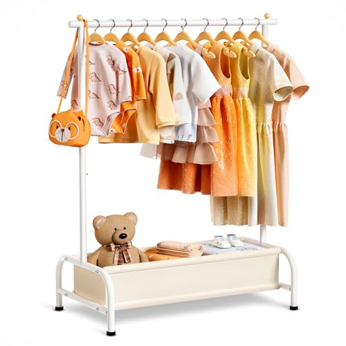 MISSLO Kleiderständer Kinder mit Korb, Klein Kleider Aufbewahrung Kleiderstange für Kleinkinder, Schwerlast Garderobenständer für Baby Kleidung, Weiß