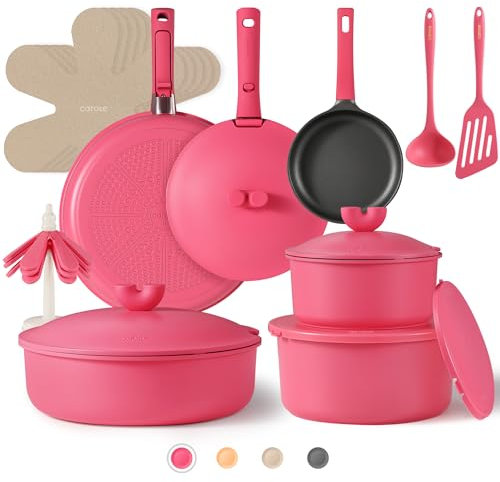CAROTE 24pcs Pots and Pans Set Non Stick, Nonstick Cookware Set, Oven/Dishwasher/Fridge Safe Pots and Pans, RV Safe Cookware, Induction Kitchen Gift Set Detachable Handle, Pink