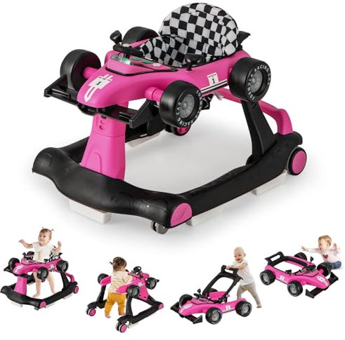 GOPLUS 4 in 1 Baby Lauflernhilfe, Lauflernwagen höhenverstellbar mit Licht & Musik, Baby Walker Autoförmig mit Einstellbarer Geschwindigkeit, Gehfrei für Kinder ab 6 Monaten (Hot Pink)