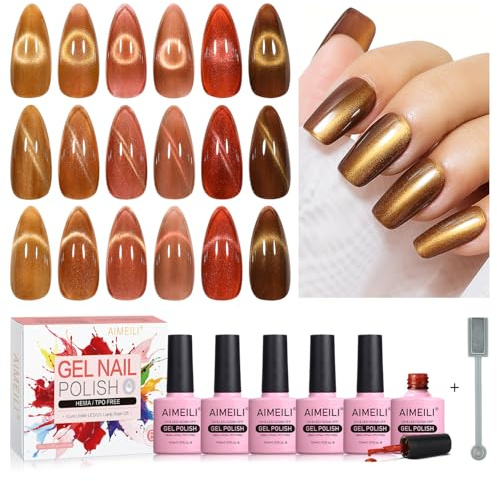 AIMEILI Magnetic Gel Nail Polish Set with Magnetic Stick, 6pcs Cat Eye Gel Nail Varnish UV LED Nail Art Manicure Pedicure, Easy to Apply 10ml - Gift Kit 68