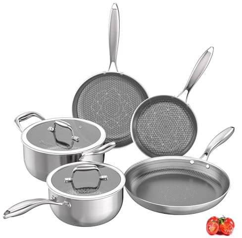 COOKER KING Batterie de cuisine en acier inoxydable, casseroles et poêles antiadhésives, batterie de cuisine hybride en céramique, poêles, casseroles et marmite avec couvercle en verre, non toxique