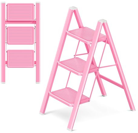 GameGem 3 Step Ladder, 3 Step Stool for Adults, Folding Step Ladder with Secure Footing, Widened Pedal, Aesthetically Pleasing Looking, Blends Right into Domestic Rooms, Pink
