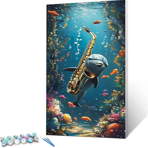 Malen Nach Zahlen Erwachsene Kinder Delphin, 70x140cm Paint by Numbers mit Leinwand Pinseln Acrylpigment, DIY Handgemalt Gemälde Kit für Jungen Mädchen ab 6 Jahre und Zimmer Deko Musikinstrument 2/N-Y