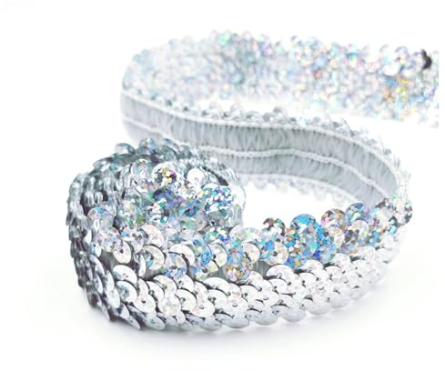 Hrlace 5 Yard 3cm Pailletten Spitzenband Nähspitze PaillettenBand Glitzer Paillettenbesatz Glänzend Zum Nähen Deko für Hochzeit Tischdeko DIY Kleidung Accessoires Schmuck Handwerk Laser Silber