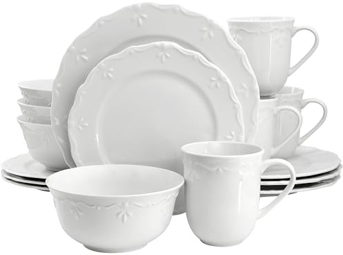 Elama Henryi 16 Piece Embossed Rim Detail Porcelain White Dinnerware Set, Tableware Set, Serveware (16 Piece)