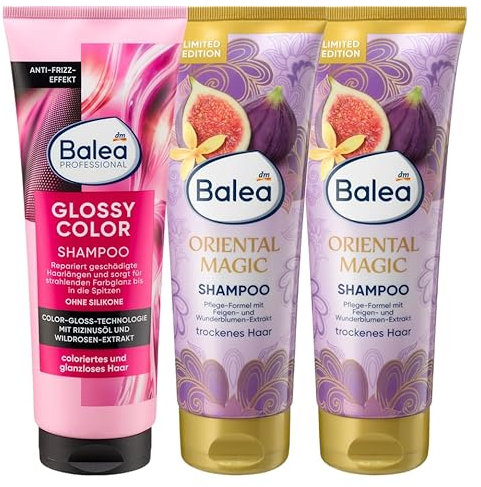 Balea 3er-Set silikonfreie Haarpflege: Professional Shampoo GLOSSY COLOR Farbglanz für gefärbtes Haar, 250 ml + Shampoo ORIENTAL MAGIC reinigt geschmeidig weich mit elegantem Duft, 2 x 250 ml (750 ml)