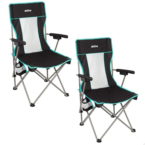 AKTIVE Set mit 2 Klappstühlen, Deluxe, atmungsaktive Netzrücken, Stahlrahmen, Untersetzer, Tragetasche, für Camping und Outdoor (63126)