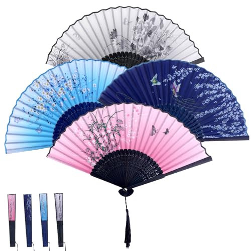 BOXOB 4pcs Fans for Line Dancing, Foldable Wood Hand Fans Retro Pattern Chinese Style Handheld Rave Accessories for Line Dancing Role Play Wedding