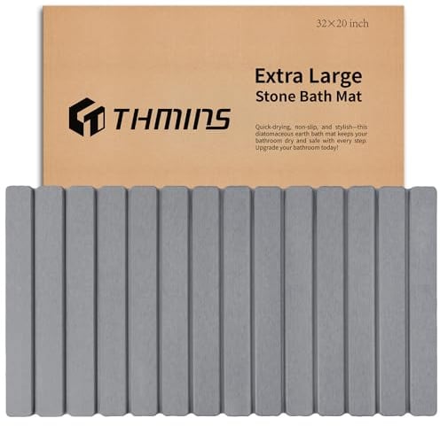 THMINS XXL Stein-Badematte aus Kieselgur, rollbar, 80 x 50 cm, Grau | Stark saugfähig, schnelltrocknend, faltbar und platzsparend, mit rutschfester Unterlage, leicht zu reinigen