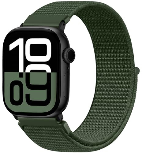 Faliogo Nylon Armband Kompatibel mit Apple Watch Armband 44mm 45mm 46mm 42mm(Series 3/2/1) 49mm, Verstellbare Solo Loop Sportarmband für iWatch Series 11 10 9 8 7 6 5 4 3 2 1 SE Ultra, ArmeeGrün-N