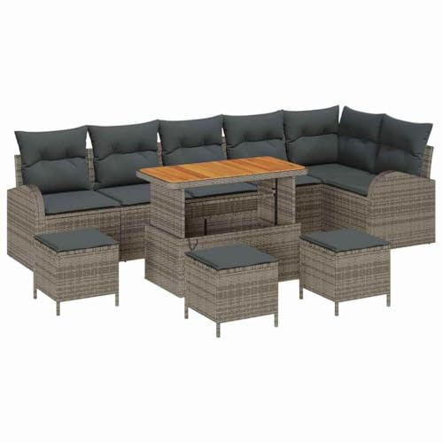 vidaXL 10-teiliges Garten-Sofa-Set mit Kissen in Grau aus Poly Rattan und Akazie – Wetterfeste modulare Sitzgruppe für Terrasse und Balkon. Ideal für die Lounge im Frühling und Sommer.