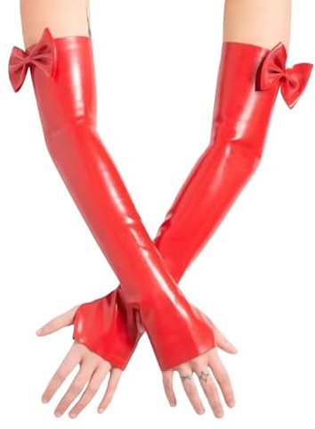 HOUXINQWWP Rote lange Latexhandschuhe fingerlos mit Schleifen an der Oberseite geklebte Gummistulpen Fäustlinge, M, rot