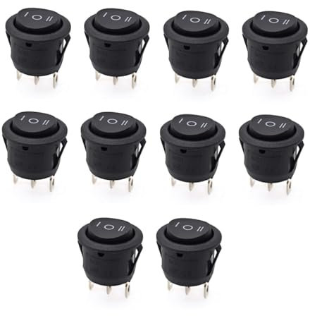 JZK 10PCS Black KCD1-105 Round Toggle Rocker Switch, SPDT 3 Pin 3 Position ON/OFF/ON, AC 10A/125V 6A/250V, Power switch button for car, industrial equipment, household appliances