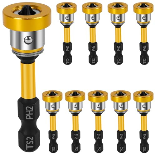 10 Pack Magnetic Drywall Screw Setter Bits, 50mm S2 Steel Screwdriver Bits with 1/4 Hex Shank, Removable Magnetic Ring for Controlled Screw Depth, Compatible with Electric Drill and Driver (Yellow)