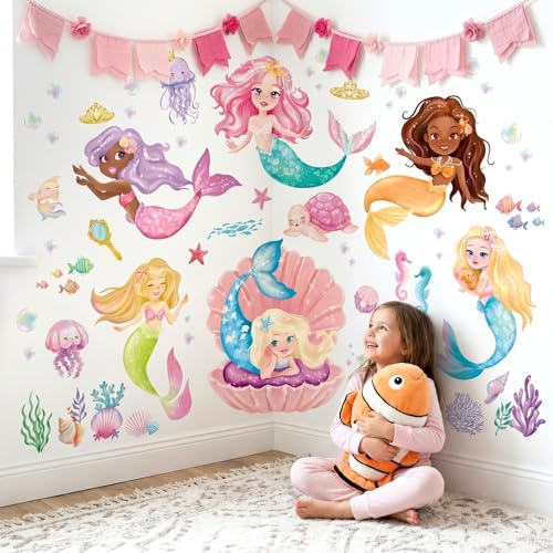 DECOWALL Meerjungfrau Wandaufkleber – Bunte Meerjungfrauen und Unterwasserwelt für Kinderzimmer und Spielzimmer Dekor (SG2-2511)