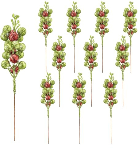 UPSTORE 10 Pcs Christmas Glitter Berry Stems 8 Inch Red Green Artificial Holly Berry Picks Sparkly Branches for Christmas Tree Xmas Wreath Vase Filler Xmas Craft Decorations
