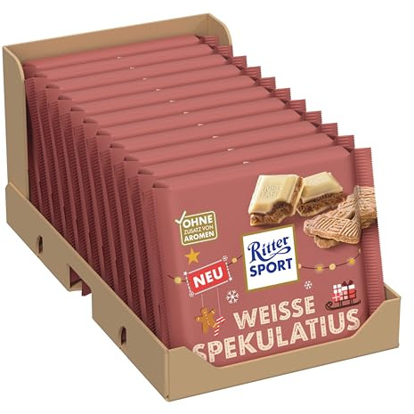 Ritter Sport Weisse Spekulatius, weiße Schokolade mit knusprigen Spekulatius-Stückchen, cremig & winterlich-aromatisch, ideal für gemütliche Weihnachtsmomente & als süßes Geschenk, 11 x 100 g