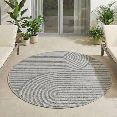 Carpetsale24 Outdoor Teppich Rund 120 cm Grau, Wetterfest UV-beständig, Balkon Terrasse Garten Teppich, Indoor Outdoor Skandi Boho Design Leicht zu Reinigen