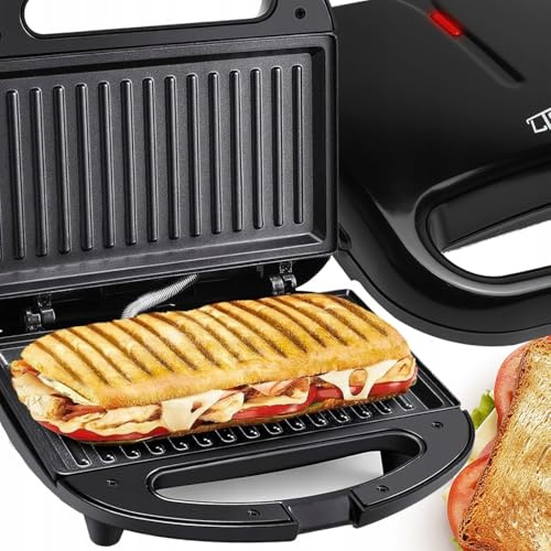 LTC XXL Sandwichmaker, 1000W Leistungsstarker Kontaktgrill mit Antihaftbeschichtung, Automatische Temperaturregelung, Überhitzungsschutz, Kontrollleuchten, Schwarz/Silber