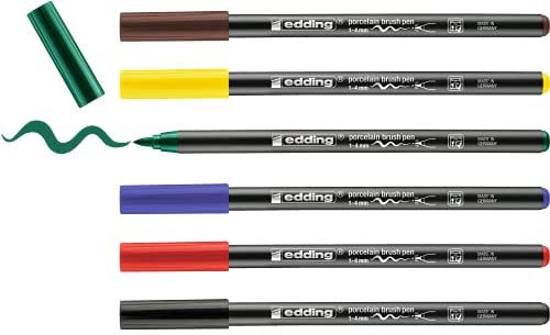 edding 4200 rotulador con punta de pincel para porcelana - multicolor - 6 rotuladores - punta de pincel de 1-4 mm - pintar y decorar cerámica - tinta resistente a la luz y lavavajillas, secado rápido