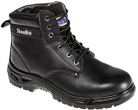 Portwest FW03 Steel Action Leather Ankle Boot Back Pull-Tab Padded Collar | Black, 10, S3 EN ISO 20345, CE Certified, Dual Density, Water Resistant Upper, Anti-Static Footwear, Lace-Up Fastening