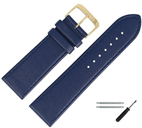 MARBURGER Uhrenarmband 30mm Leder Blau Gold Glatt Mit Naht - Montage Set 7593051000220