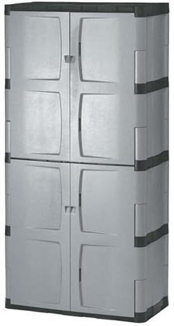 Rubbermaid Freestanding Storage Cabinet Five Shelf with Double Doors Lockable Large 690-Pound Capacity Gray For Garage/Outdoor Garden Tools/Toys/Power Tools/Pool Accessories Grey