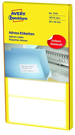 AVERY Zweckform 3344 Adress-Etiketten (Papier matt, 320 Etiketten, 89 x 36 mm) 1 Pack weiß