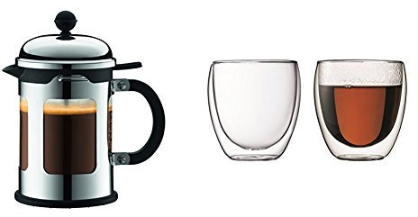 Bodum 11171-16 New-Chambord Cafetière à Piston / Bec Verseur 4 Tasses / 0,5 L + Set de 2 verres Pavina 25 cl