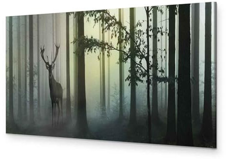 murando - Wandbilder XXL Wald Hirsch 135x45 cm 1 tlg - Wand Deko Vlies Leinwand Bilder Groß Wanddeko Wohnzimmer Schlafzimmer Kunstdrucke Panoramabild - Landschaft Natur Tiere Bäume