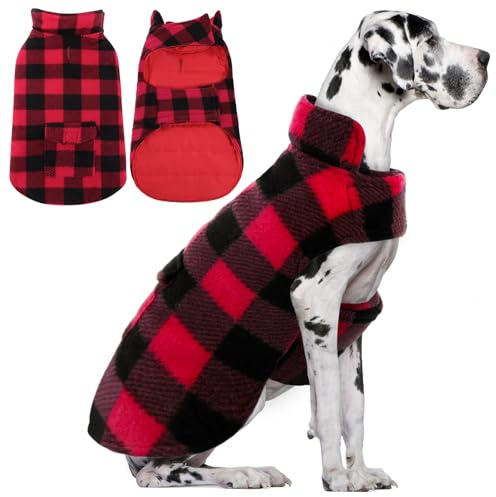 AOFITEE Hundemantel Winter- Hundemantel Große Hunde mit Geschirr Loch und Taschen, Warm Wintermantel Hundejacke mit Bauchschutz, Karomuster Winter Labrador Hundebekleidung Outfit, Rot 3XL