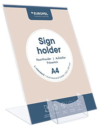 EUROPEL A4 Acryl Tischaufsteller - Schräg & Glasklar - L-Form DIN A4, Hoch mit Visitenkartenhalter - Menükartenhalter und Schilderhalter - Werbeaufsteller - weitere Größen erhältlich, 350128