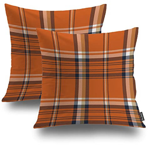 Shrahala Orange Plaid Decorative Pillow Covers, Orange Gingham Check Plaid Pattern Cushion Case for Sofa Bedroom Car Throw Pillow Covers Cushion Cover Square 16 x 16 inches Orange, Set of 2