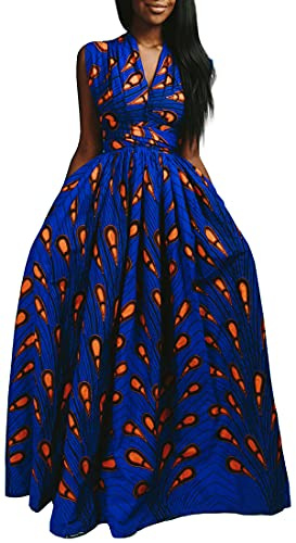OLIPHEE Robe Femme Imprimer lâche Grande Taille Afrique sans Manches Une épaule De Multiples Façons De Porter(XL, Plume Orange sur Fond Bleu)