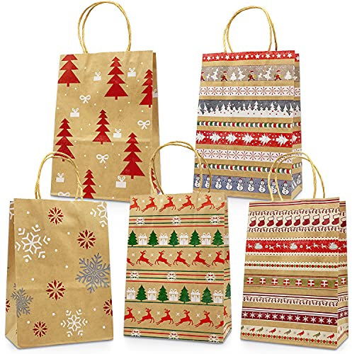 Weihnachtsdekoration, 20 Stück Weihnachtskraft Geschenktüten Weihnachtspapiertüten mit Griffen Weihnachtstüten mit Weihnachtsdruck zum Verpacken von Geschenken, Partybedarf
