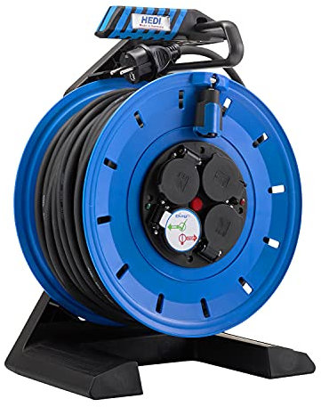 HEDI Kabeltrommel 33 m Generation 7 (Kunststoff, Neopren-Gummi-Leitung H07RN-F 3G2,5, 4-Fach Steckdose, mit Stecker-Dichtlippe, Überlastschutz) K733N2TF, Mehrfarbig