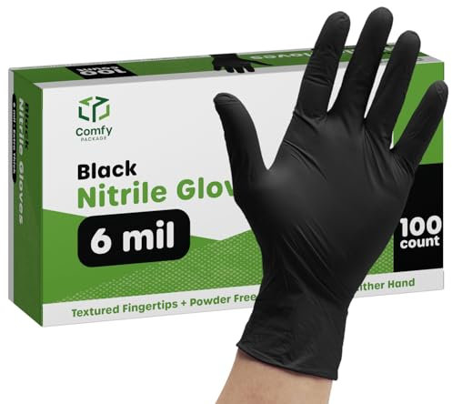 Comfy Package [100 unidades Guantes de nitrilo negros desechables, sin látex, de 6 Mil de fuerza extra, sin polvo, resistentes a productos químicos, con puntas texturizadas - Talla extragrande