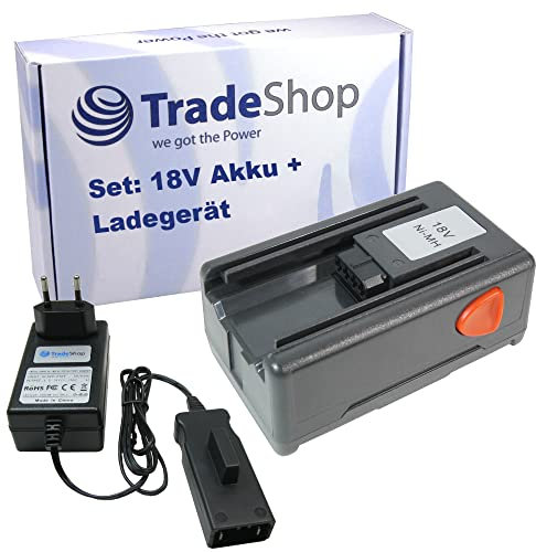 Trade-Shop 2in1 Set: NI-MH Akku 18V / 1500mAh / 27Wh + Schnellladegerät Netzteil kompatibel mit Gardena 8834-20 5788773-01