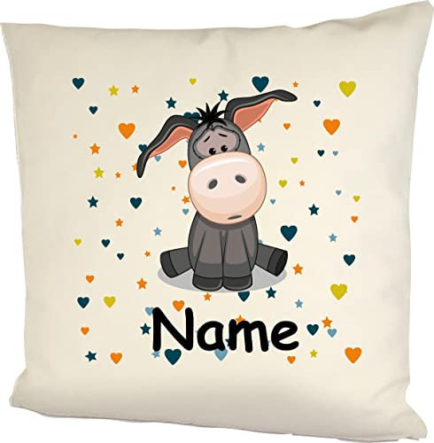 Shirtinstyle Kuschelkissen Esel mit Wunschnamen Tiermotiv Herzen Sterne, Kinderzimmer Kuscheln, Kopfkissen Dekokissen mit Füllung, Größe 40X40cm, Farbe Natur