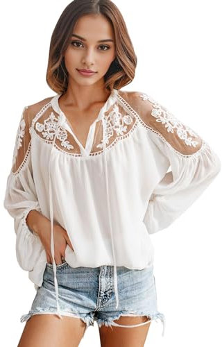 Petalum Chemisier Femme Elégant Blouse Dentelle Tulle en Mousseline de Soie Casual Top Haut Tunique Sexy Transparent Col V à Manche Longue Patchwork Lace Crochet pour Printemps Eté