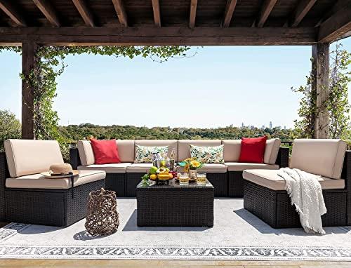 AZRBOPO 7 Pieces Outdoor Sectional Sofa 6 Seater Garden Furniture Sets Patio Furniture Sets Manual Weaving Wicker Rattan Patio Conversation Sets with Cushion and Glass Table (Beige)