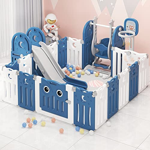 Playpen,baby barrier,16-Paneele Faltbarer Laufstall Schutzgitter Krabbelgitter,made of plastic, with door and toy board Schaukel Kinderrutsche und Basketballkorb,Blue