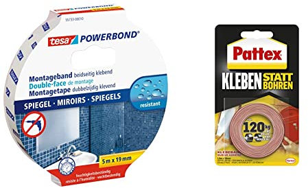 tesa Powerbond MIRROR - Doppelseitiges Montageband - 5 m x 19 mm & Pattex Kleben statt Bohren Klebeband, extra starkes doppelseitiges Klebeband, Doppelklebeband 19mm x 1,5m