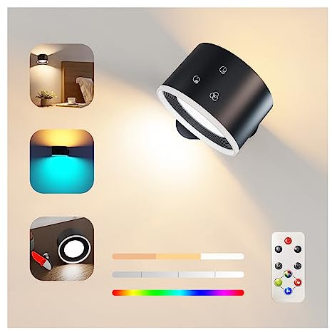 Wandleuchte für den Innenbereich, mit Fernbedienung, dimmbare RGB-Stimmungsbeleuchtung mit wiederaufladbarem Akku, Timerfunktion nach oben und unten um 360° schwenkbar