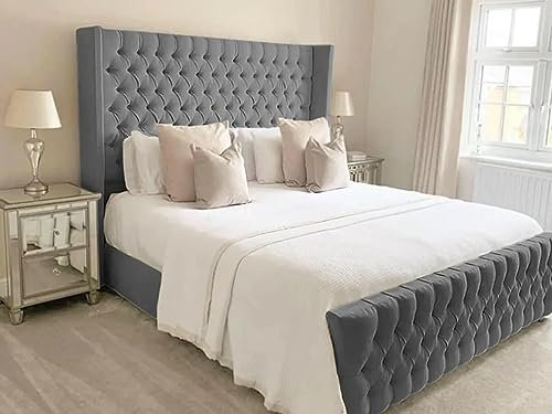 BED CRAFT Wingback Bed chesterfield Frame Double King size Super King size Without Mattress In grey plush velvet handmade in UK (King, with gaslift storage)
