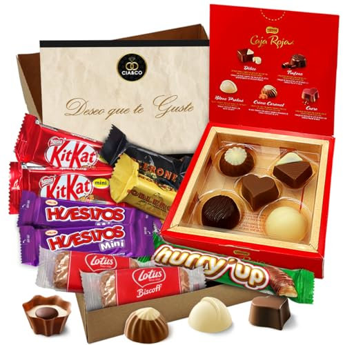 Cajita Regalo VIP ORIGINAL con Caja Roja de Nestlé y 14 Bombones y Chocolates Toblerone, Kit Kat, Galletas Lotus Biscoff, Huesitos y Chocolate · Día de la Madre · Con Tarjeta y Texto Personalizada
