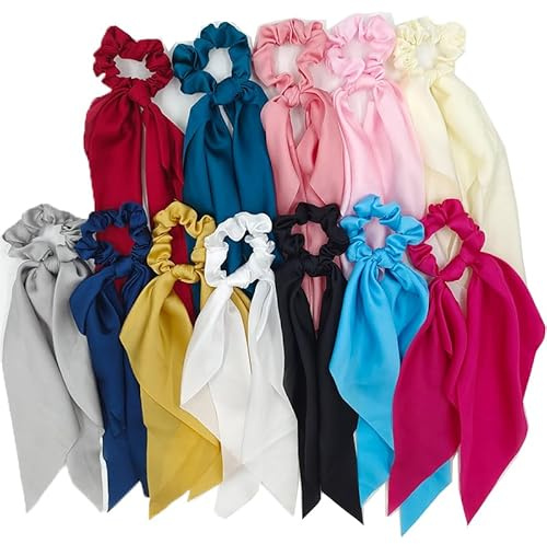SZETOSY - Fasce Colorate in Raso per Capelli, 12 Pezzi, Con Nodo Lungo, Elastici per Coda di Cavallo, 12 Colori, Sciarpe, Fasce da Donna
